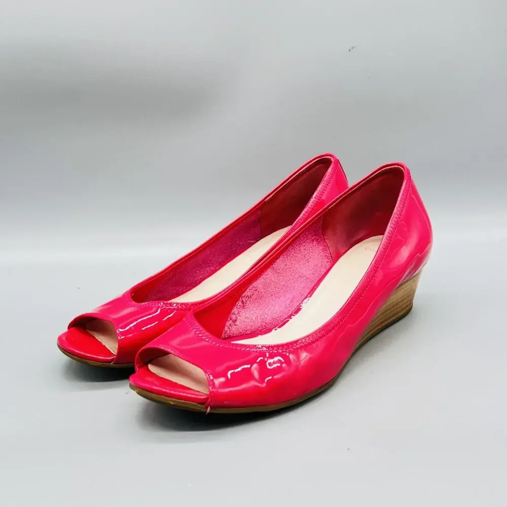 Cole Haan Shoes Womens 8.5 Pink Patent Leather Vtg Air Wedge Peep Toe Pumps